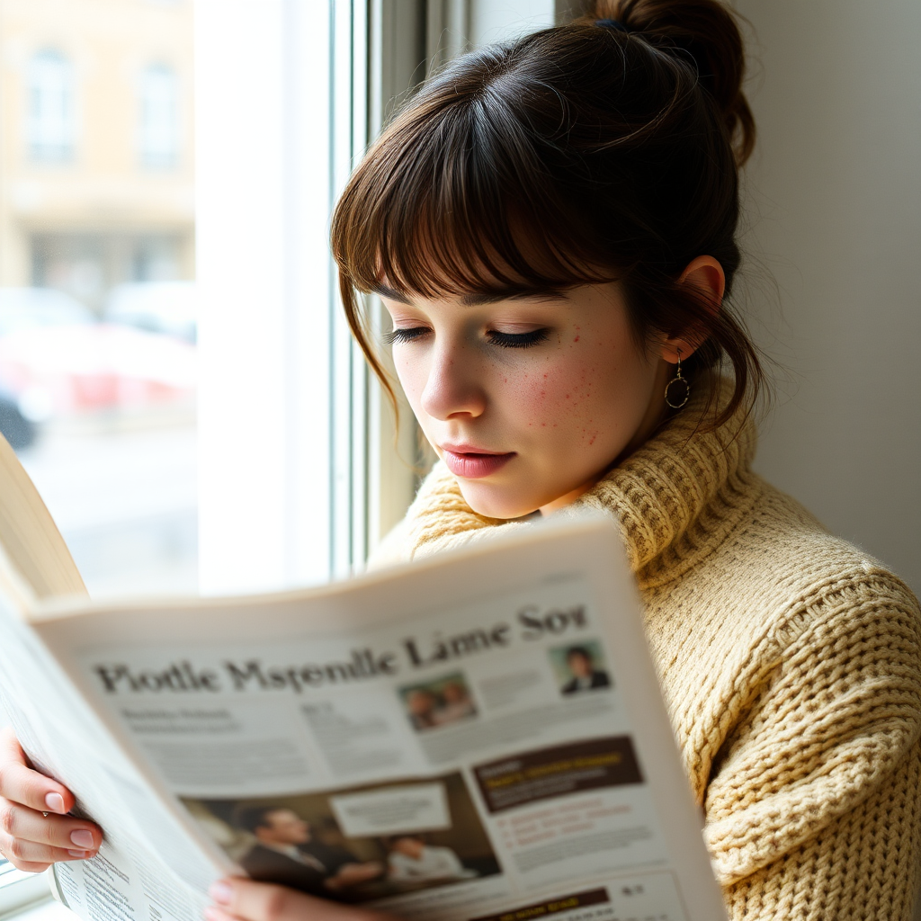 Girl with freckels reading newspaper