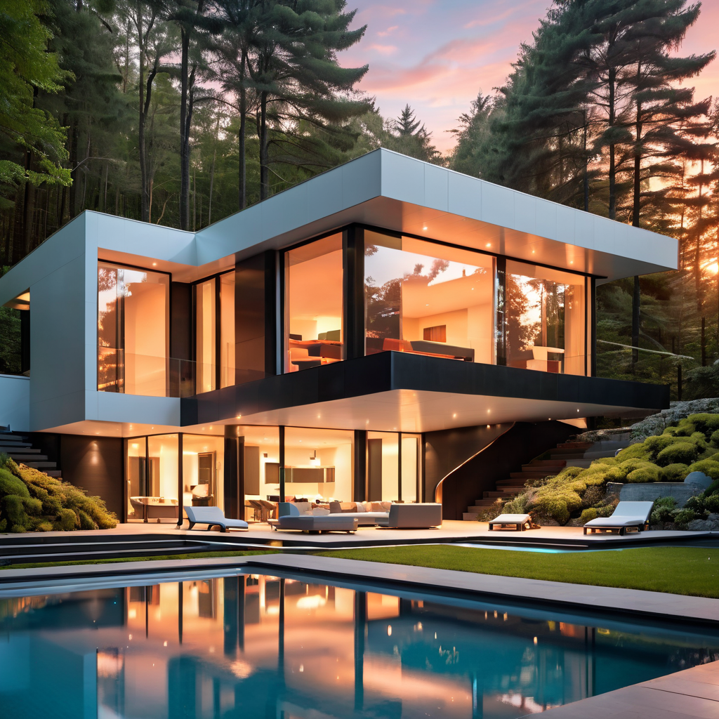 ultra modern house in the forest, swimming pool, garden, sunset
