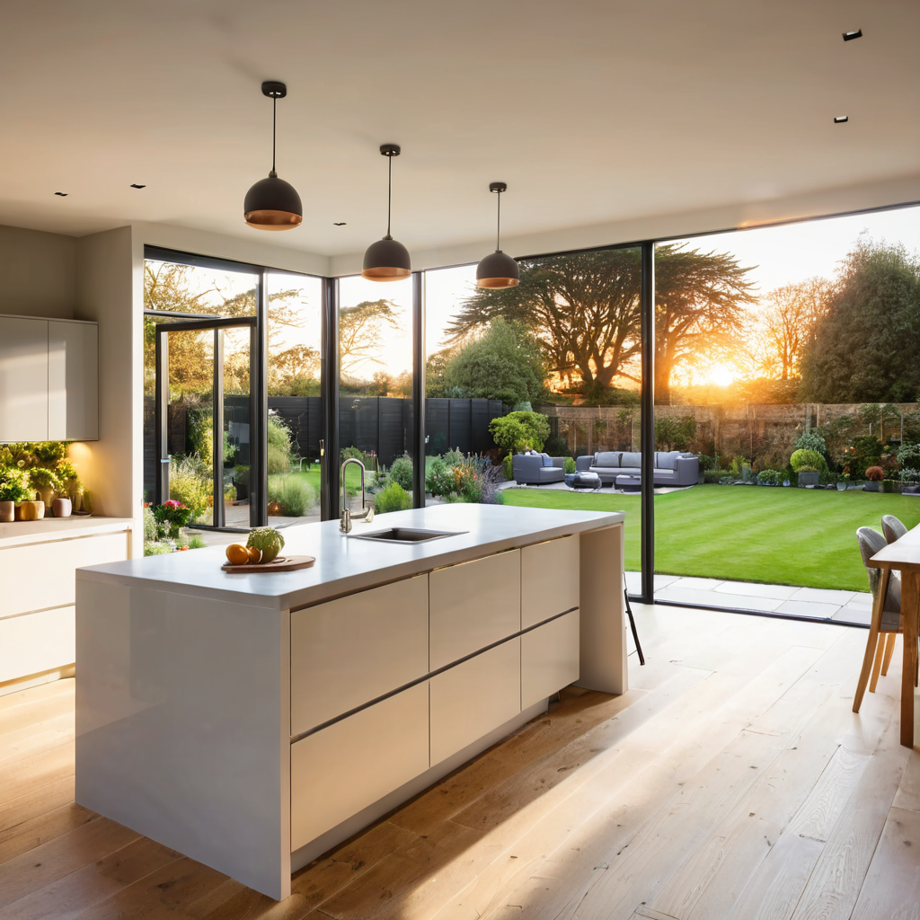 modern kitchen, open plan, view of garden, sunset