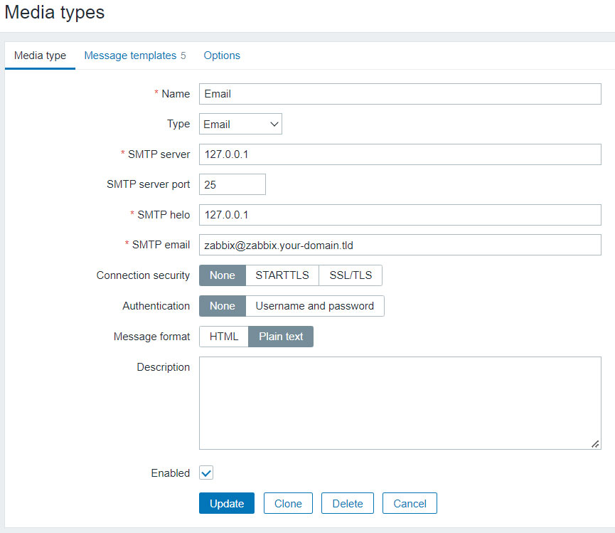 Minimal Email Media Type Settings in Zabbix UI